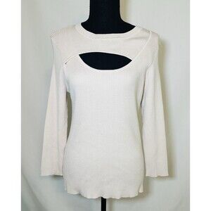 Carmen Marc Valvo Ribbed Beige Sweater Front Chest Cut Out Women's XL‎